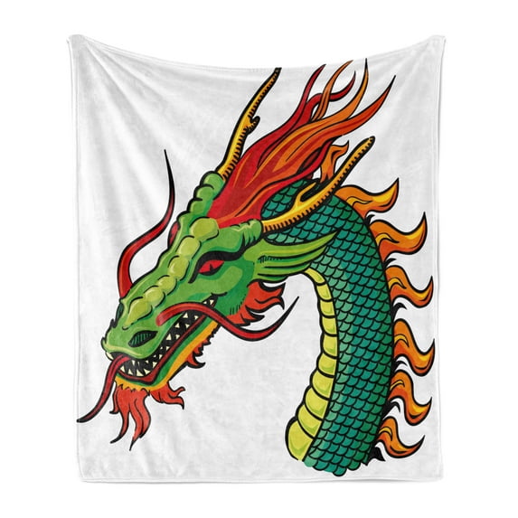 Dragon Soft Flannel Fleece Throw Blanket, Monster Head Portrait Traditional Danger Retro Animal Cartoon, Cozy Plush for Indoor and Outdoor Use, 50" x 60", Fern Green Orange Red, by Ambesonne