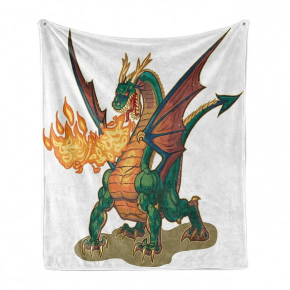 Dragon Soft Flannel Fleece Throw Blanket, Mythical Spitting Monster Dreamy Mascot Reptilian Culture Cartoon, Cozy Plush for Indoor and Outdoor Use, 50" x 60", Hunter Green Dark Orange, by Ambesonne