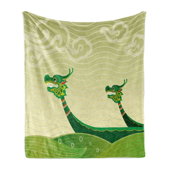 Dragon Soft Flannel Fleece Throw Blanket, Tatsu Mythical Animal Chips in Ocean Design, Cozy Plush for Indoor and Outdoor Use, 60" x 80", Pistachio and Fern Green, by Ambesonne