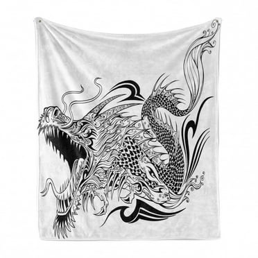 Dragon Soft Flannel Fleece Throw Blanket, Tattoo Style Traditional Winged Creature with Ornamental Pattern, Cozy Plush for Indoor and Outdoor Use, 70" x 90", Black White, by Ambesonne