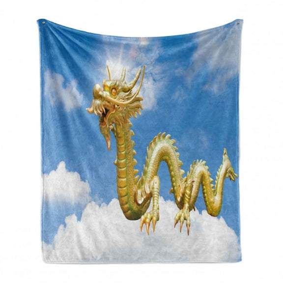 Dragon Soft Flannel Fleece Throw Blanket, Traditional Chinese Dragon Hovering in the Cloudy Blue Sky Culturalism Print, Cozy Plush for Indoor and Outdoor Use, 50" x 70", Multicolor, by Ambesonne