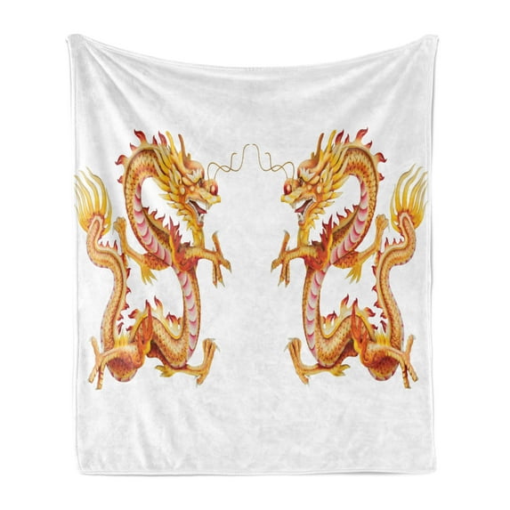 Dragon Soft Flannel Fleece Throw Blanket, Twin Dragon Zodiac Statues Art Chinese Philosophy Themed Picture, Cozy Plush for Indoor and Outdoor Use, 70" x 90", Vermilion Yellow, by Ambesonne