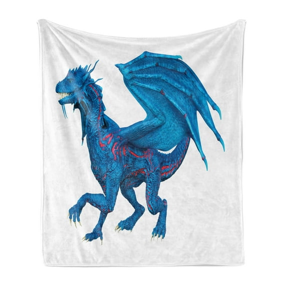 Dragon Soft Flannel Fleece Throw Blanket, Wild and Fantasy Concept Creature with Big Wings Illustration, Cozy Plush for Indoor and Outdoor Use, 50" x 60", Dark Coral Sea Blue, by Ambesonne
