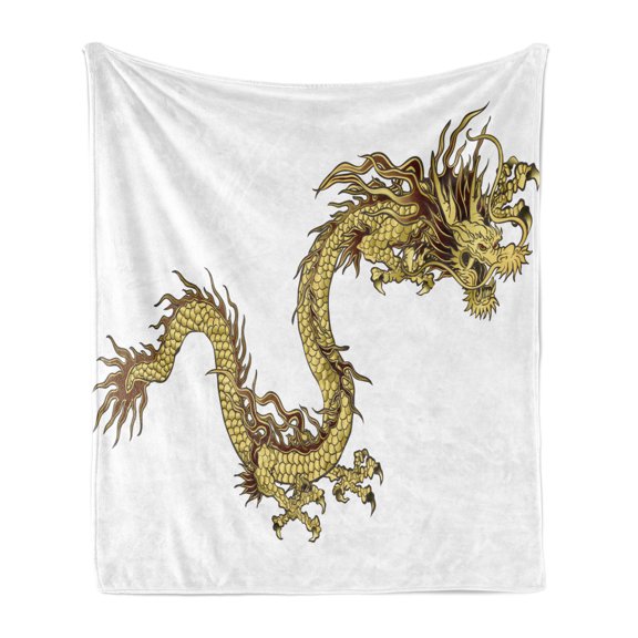 Dragon Soft Flannel Fleece Throw Blanket, Zodiac Large Claws Power Chinese Astrology Legendary Theme Illustration, Cozy Plush for Indoor and Outdoor Use, 50" x 60", Yellow White, by Ambesonne