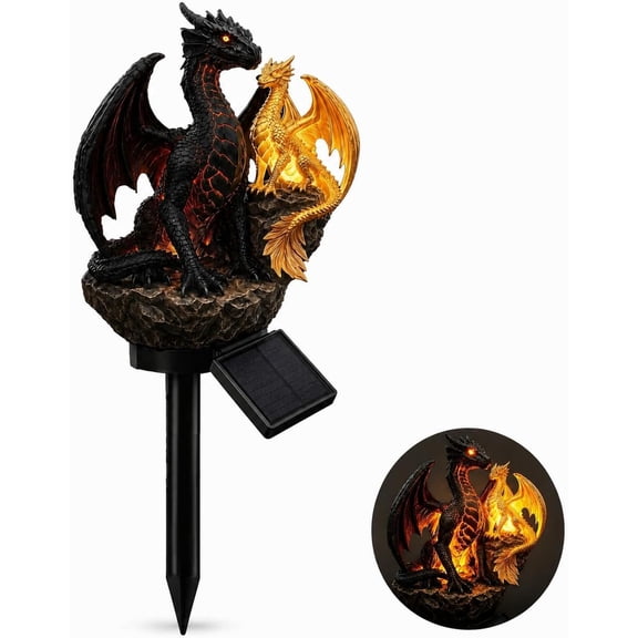 Dragon Solar Garden Light, Dragon Statue Lamp with Golden Amber Glow, Outdoor Resin Dragon Yard Decor, Medieval Fantasy Solar Stake Light for Patio Lawn HalloweenHalloween Decorations