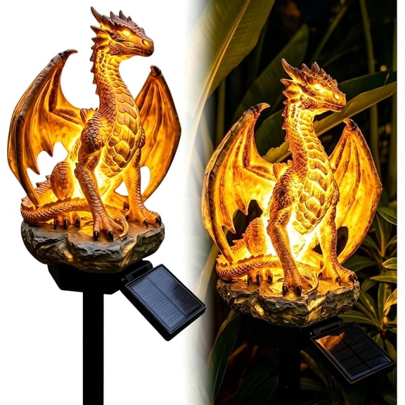 Dragon Solar Garden Light Outdoor Resin Statue, Solar Powered Dragon Lantern Garden Decor, Gothic Fantasy Yard Ornament with LED Light for Patio Lawn Walkway Halloween Garden Decorations