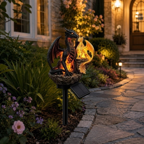 Dragon Solar Garden Light Stake Dragon Legacy Golden Ember Edition, Dusk Triggered Auto On Off Solar Stake Statue, Gothic Fantasy Centerpiece For Patio Holiday Layouts