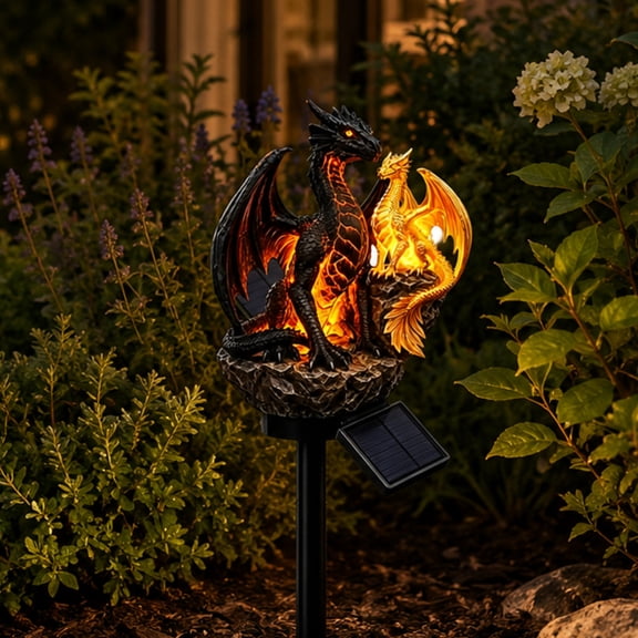 Dragon Solar Garden Light Stake Dragon Legacy Golden Ember Edition, Medieval Gothic Twin Dragon Solar Yard Stake, Distinctive Mythical Decor To Stand Out Among Generic Halloween Lawn Ornaments