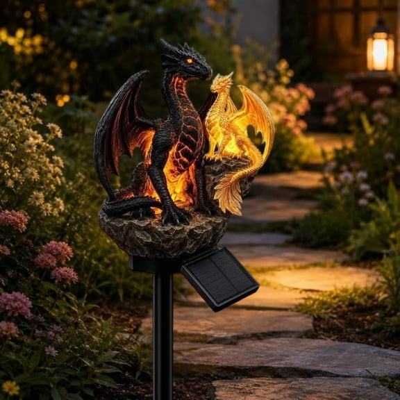 Dragon Solar Garden Light Stake Dragon Legacy Golden Ember Edition, Two Dragon Resin Yard Statue, Dusk-To-Dawn Automatic Lighting Accessory For Flower Beds And Porch Edges