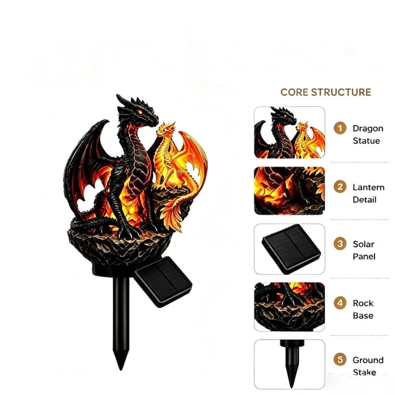 Dragon Solar Light, Golden Ember Outdoor Statue Lamp, Medieval Resin Garden Decor, Solar Powered Yard Lantern for Patio Halloween Fantasy Lovers Gift, Bronze Dragon Ornament with Glow