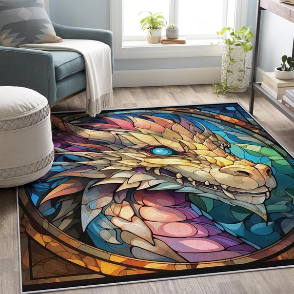 Colorful Patterned Rug Dragon Stained Glass Area Rugs, Colorful Fantasy Carpet, Washable Non ...