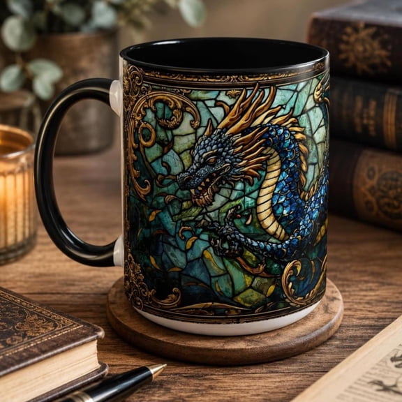 Dragon Stained Glass Art Coffee Mug, Fantasy Bookish Cup