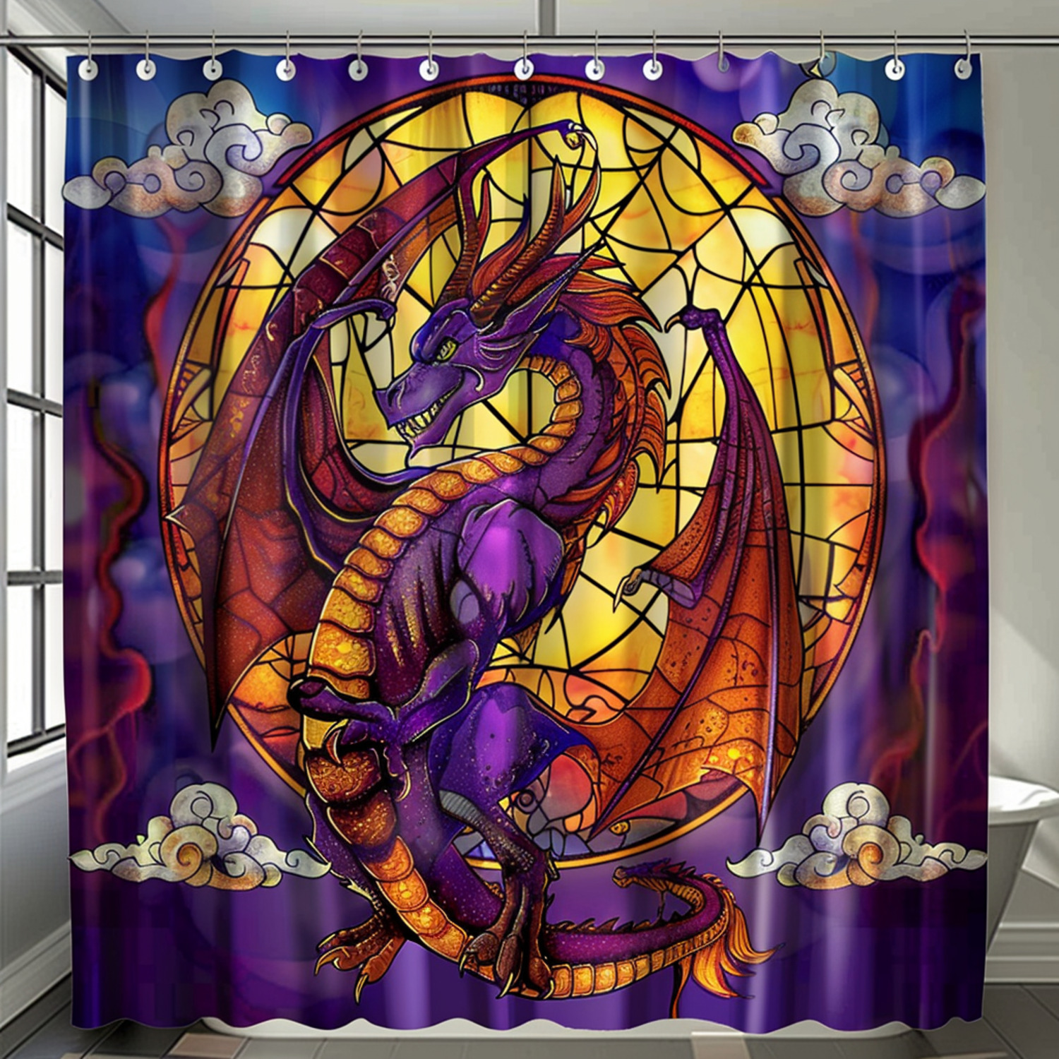 Dragon Stained Glass Shower Curtain Vibrant Colors Intricate Details