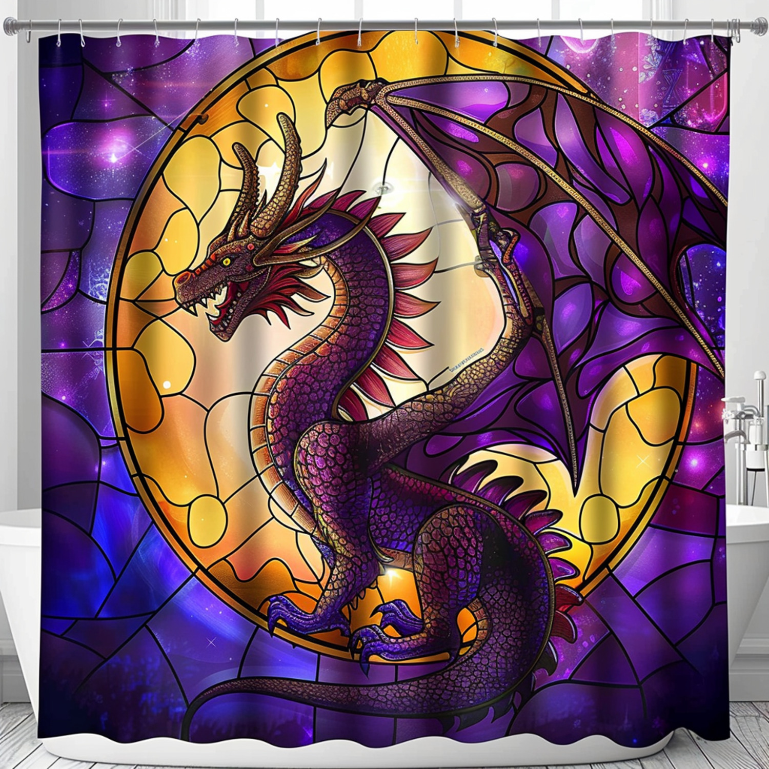 Dragon Stained Glass Shower Curtain with Round Frame and Purple