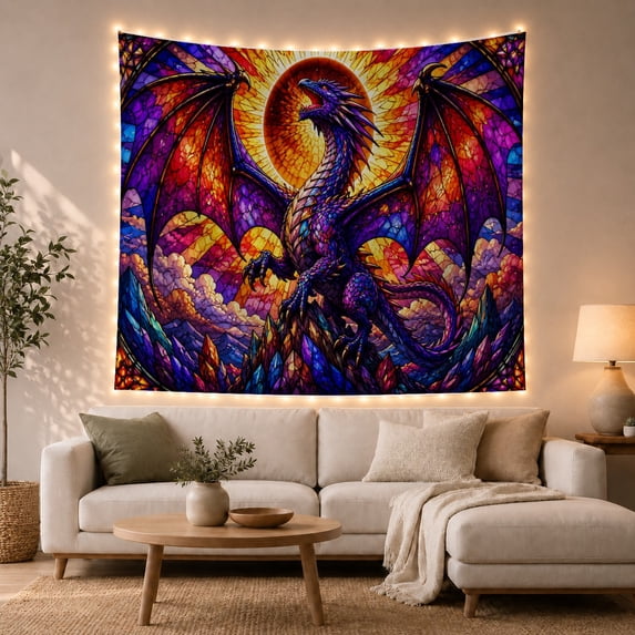 Dragon in Stained Glass Sun with Radiant Light, Majestic Fantasy for Fantasy Enthusiasts, Stained Glass Art Decor, Birthday Gift, Tapestry Wall Hanging for Living Room and Bedroom