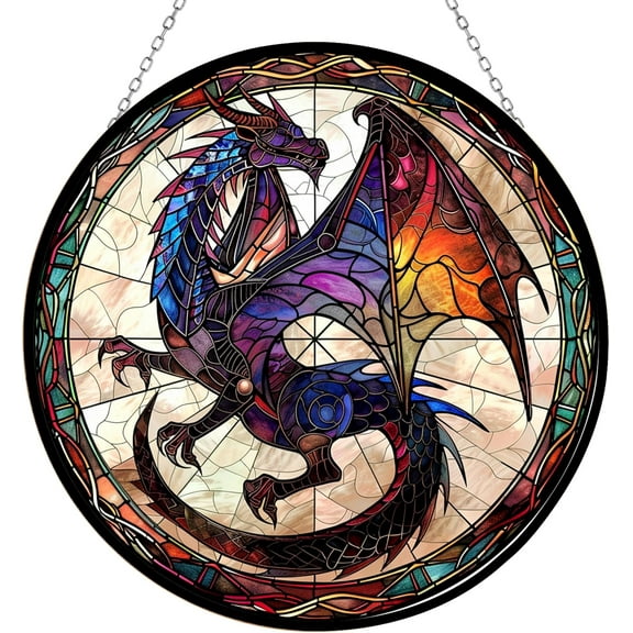 Dragon Stained Glass Suncatcher 4 Season Theme Colorful Leaves Window Wall Hanging Ornament Hand-Painted Glass Panel Decor Gift for Women Christmas Thanksgiving Gift