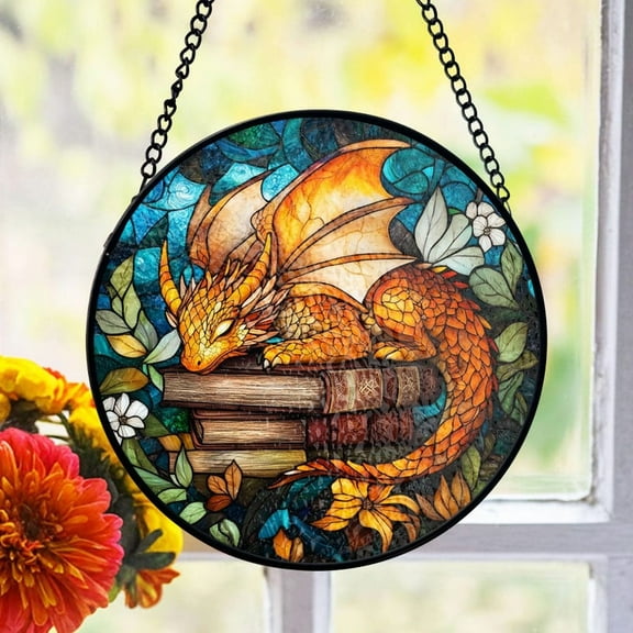 Dragon Stained Glass Suncatcher, Fantasy Book Lover Decor, Sleeping Dragon Art