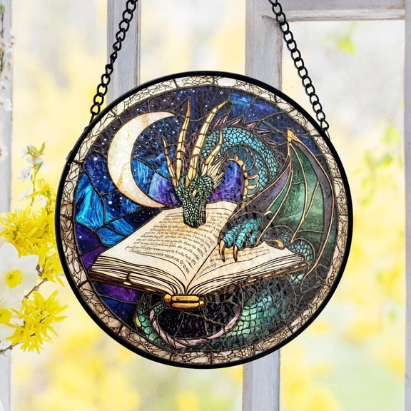 Dragon Stained Glass Suncatcher, Moon Book Scene Window Decor, Fantasy Gothic Style, Readers & Gamers, Unique Gift for Fantasy Fans
