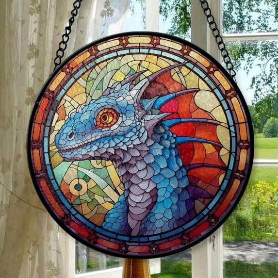 Dragon Stained Glass Suncatcher Window Hanging Decor Wild Flower Farmhouse Ornament Gift for mom Decor Dragon Ornament, Stained Glass Ornament 2025, Holiday Decoration, Seasonal