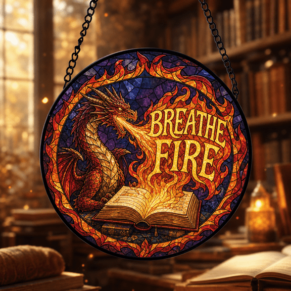 Dragon Stained Glass Suncatcher Window Hanging, Fire Book Lover Gift Decor