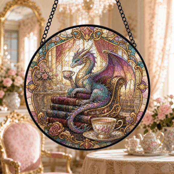 Dragon Stained Glass Suncatcher Window Hanging, Rococo Tea Salon Gift Decor