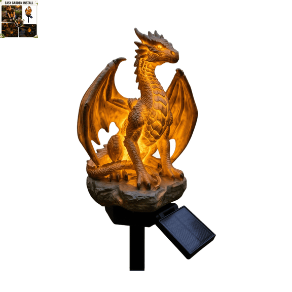 Dragon Statue Solar Garden Stake Light, Golden Ember LED Glow Outdoor Waterproof Pathway Lamp, Gothic Medieval Fantasy Decor for Patio Yard, Unique Gift for Dragon Lovers Halloween