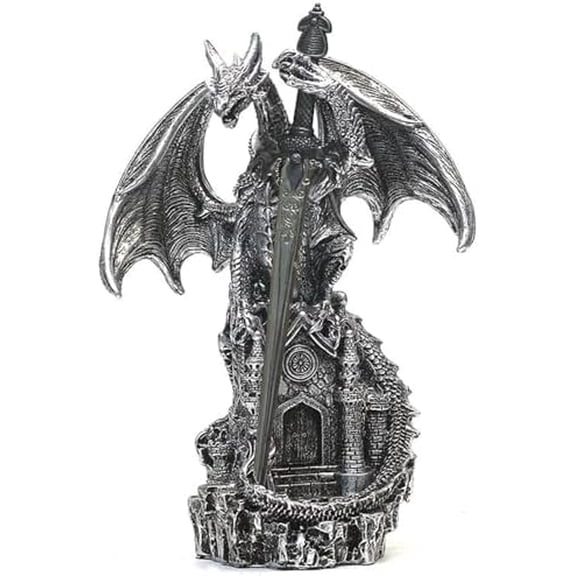 Dragon Statue with Medieval Sword-Collection Figurine Fantasy Decor - Silvery Dragon Standing Gothic Castle for Tabletop Bookshelf Housewarming Gifts
