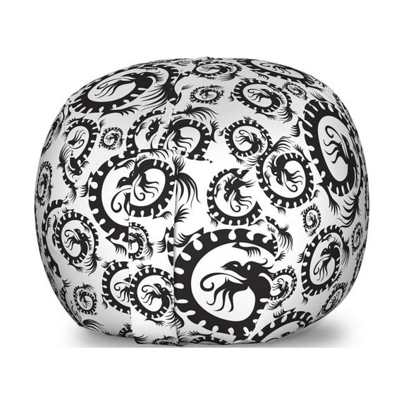 Dragon Storage Toy Bag Chair, Antique Art Chinese Dragon Pattern Design Vintage Illustration Retro Print, Stuffed Animal Organizer Washable Bag, Large Size, Black and White, by Ambesonne