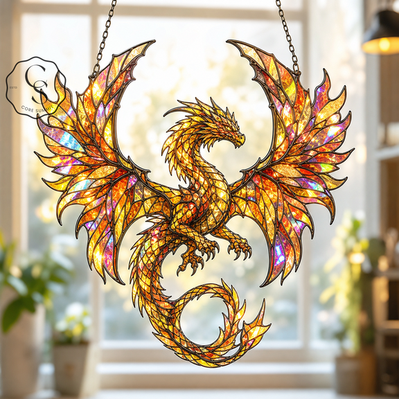 Dragon Suncatcher Golden Sun Holographic Window Hanging for Fantasy Lovers