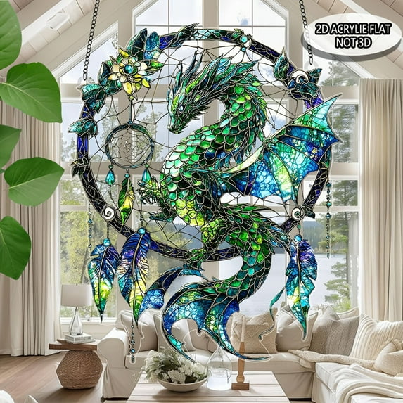 Dragon Suncatcher Modern Dragon Dreamcatcher Window, Dragons Ornament Acrylic Window Hanging, Gift for Mythical Creature Lovers, Home Wall Room Hanging Decor, Christmas Decorations (Green)