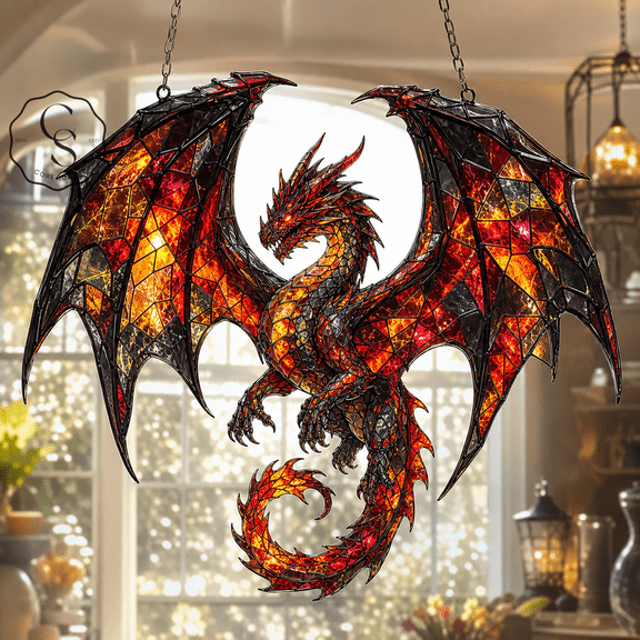 Dragon Suncatcher Ruby Volcano Hologram Window Hanging for Fantasy Decor Lovers