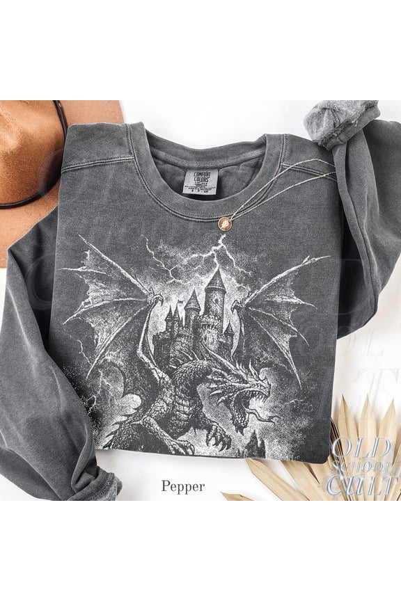 Dragon Sweatshirt Castle Graphic Crewneck | Fantasy Gothic Comfort Colors® Pullover | Medieval Vintage Style Mythical Creature Sweater