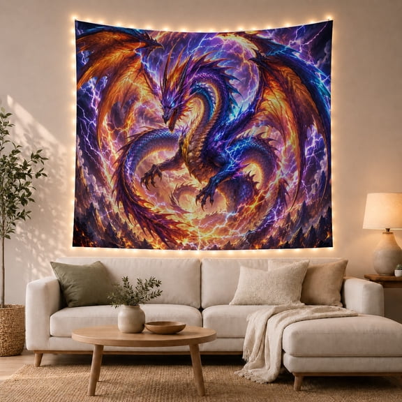 Dragon in Swirling Clouds with Lightning, Dramatic Digital Art for Fantasy Fans, Mythical Creature Wall Decor, Halloween Gift Tapestry Wall Hanging for Bedroom and Living Room