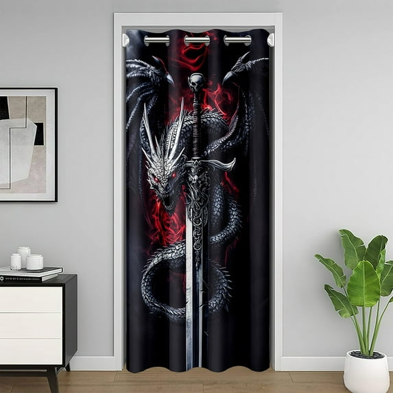 Dragon Sword Dark Red Blackout Curtain Closet Decor,Western Magical Animals Door Curtain,Black Dragon Door Drape Women Men (1 Panel,42"Wx80"L)