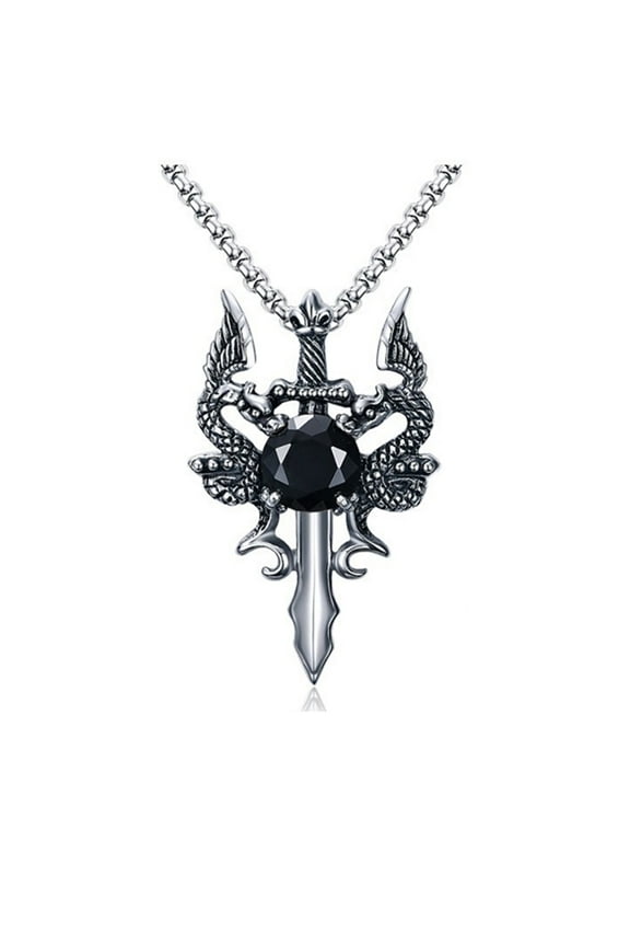 Dragon Sword Necklace for Men or Women  Stainless Steel Black Cz Gothic Ginger Lyne Collection