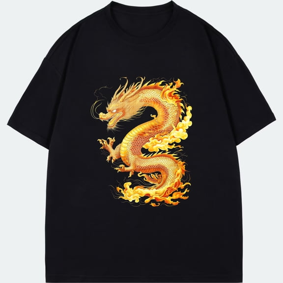 Dragon T Shirt Black Golden Dragon Print For Men And Women Casual Wear Streetwear Fashion Statement Piece