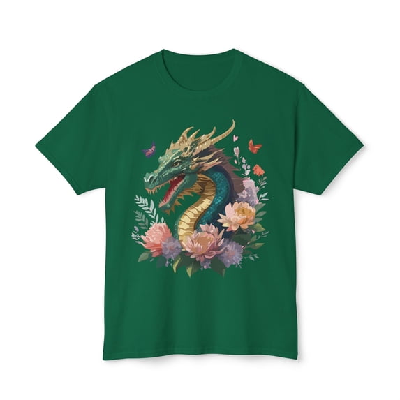 Dragon Art Design Unisex Cotton Tee With Floral Print Artwork And Dragon Graphic