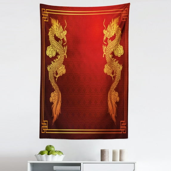 Dragon Tapestry, Chinese Heritage Historical Eastern Motif Creature Design, Fabric Wall Hanging Decor for Bedroom Living Room Dorm, 5 Sizes, Orange Yellow, by Ambesonne