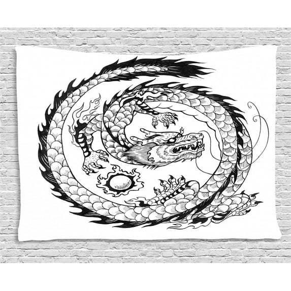 Dragon Tapestry, Ethnic Asian Japanese Swirled Dragon Pattern Folk Heritage Spiritual Illustration, Wall Hanging for Bedroom Living Room Dorm Decor, 60W X 40L Inches, Black White, by Ambesonne