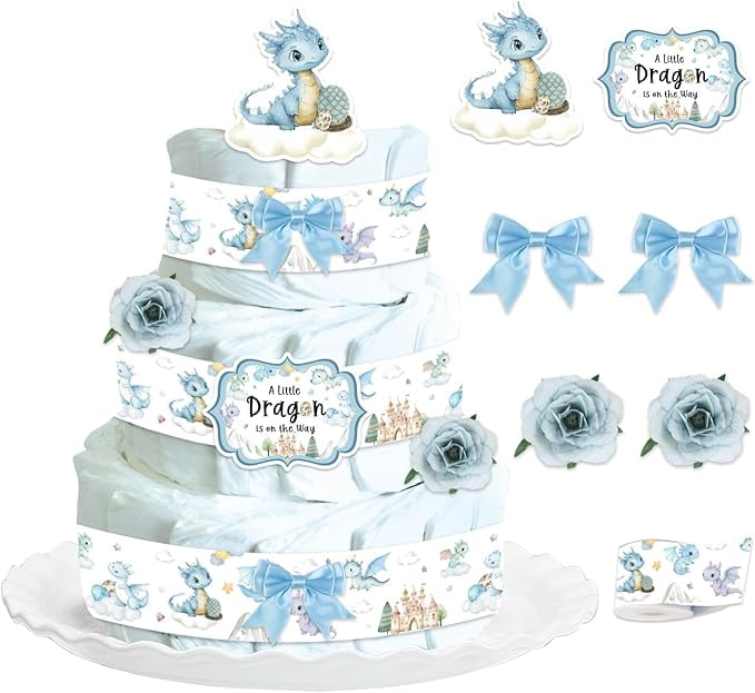 Dragon Theme Baby Shower Diaper Cake Decorations, Hatching Soon Baby Shower Cards Grosgrain Ribbon Dragon Printed, Blue Bows Artificial Camellia Flowers for Party Decor