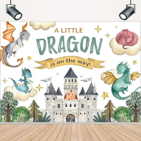 Dragon Theme Cute Baby Shower Backdrop A Little Dragon is on The Way Cartoon Castle Cute Watercolor Kids Boys Photography Background Party Decorations Photo Booth Studio Prop