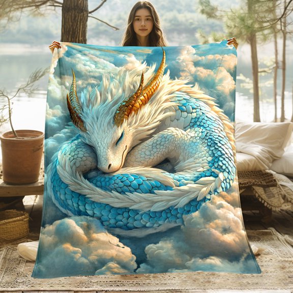 Dragon Themed Blanket Featuring Clouds Made of Lightweight Flannel for Home Decor Used on Sofas Beds During Travel Camping Living Rooms Offices Soft And Cozy Blanket Is Digitally Printed