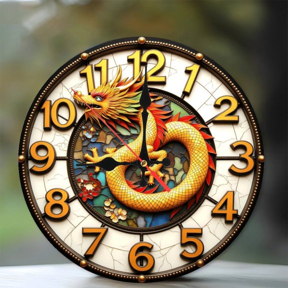 Dragon Themed Wall Clock Decorative Art 10-Inch Silent Wooden Wall Clock, Battery Operated (AA Batteries Not Included), Artistic Home Decor