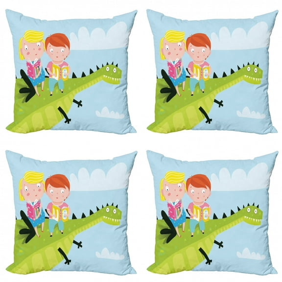 Dragon Throw Pillow Cushion Case Pack of 4, Boy and Girl Sitting and Reading on a Dragon Flying up in the Sky Fairytale, Modern Accent Double-Sided Print, 4 Sizes, Multicolor, by Ambesonne