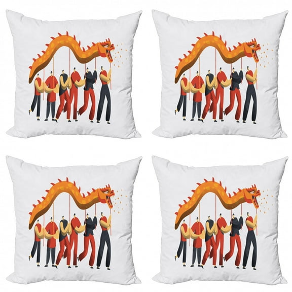 Dragon Throw Pillow Cushion Case Pack of 4, Joyous Men in a Dance Parade Holiday Ceremony Concept Ethnic Chinese, Modern Accent Double-Sided Print, 4 Sizes, Marigold and Multicolor, by Ambesonne