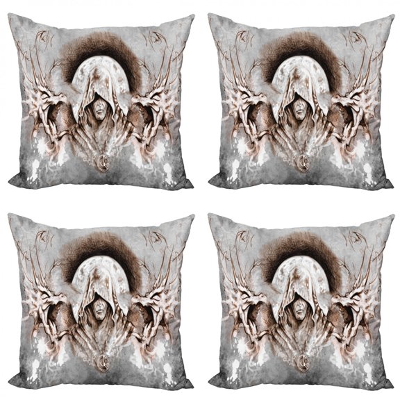 Ambesonne Dragon Throw Pillow Cover 4 Pack, Monk Branches Medieval, 20", Grey Umber Brown