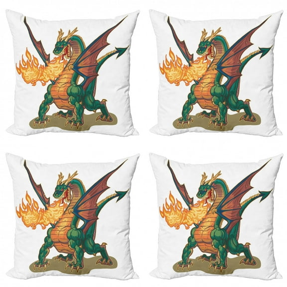 Ambesonne Dragon Throw Pillow Cover 4 Pack, Mythical Monster Mascot, 24", Hunter Green Dark Orange