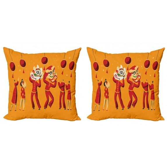 Dragon Throw Pillow Cushion Cover Pack of 2, Chinese New Year Men in Dragon Costumes Cultural Vibes, Zippered Double-Side Digital Print, 4 Sizes, Orange Vermilion, by Ambesonne