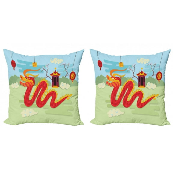 Ambesonne Dragon Throw Pillow Cover 2 Pack, Chinese Pavilion, 16", Multicolor