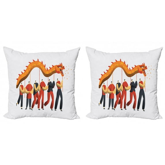 Dragon Throw Pillow Cushion Cover Pack of 2, Joyous Men in a Dance Parade Holiday Ceremony Concept Ethnic Chinese, Zippered Double-Side Digital Print, 4 Sizes, Marigold and Multicolor, by Ambesonne